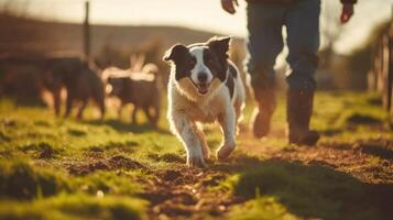 With whistles and precise commands, a farmer imparts his knowledge to a pair of eager working dogs, honing their skills on a rustic sheep farm. photo