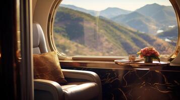 Get lost in a world of beauty and tranquility on board this private jet, with oneofakind art pieces adorning the walls and commanding views of sweeping hills and valleys through the photo
