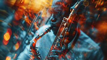 A montage of closeup shots of individual musicians in a jazz performance each lost in their own unique improvisation yet still harmoniously creating together photo