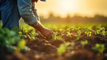 A detailed photograph of a farmer gently tending to a field of crops, demonstrating the delicate balance between nurturing plant embryos and harvesting a bountiful organic yield. photo