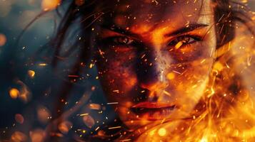 A closeup of a woman warrior with a serious expression, her eyes glowing with a fiery intensity. The sparks around her seem to swirl and dance, as if she is harnessing their power for her photo