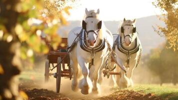 A trio of horses pulling a festive hayride through the autumn countryside, as families come to the farm to pick apples and participate in seasonal activities. photo