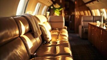 Take in the beauty of this private jets interior as you admire the carefully chosen art pieces illuminated by the suns rays shining through the window. A unique and elegant touch to any photo