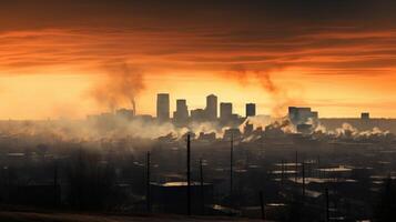A skyline view of a city obscured by a layer of industrial smoke, giving the appearance of a city on fire. photo