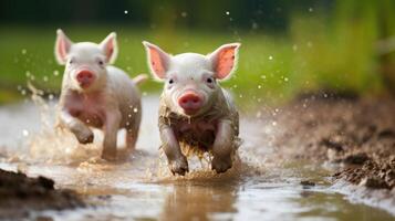 A trio of mischievous piglets playfully frolic in a mud puddle, enjoying the refreshing summer rain on the farm. photo