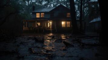 In a haunting scene, the camera zooms in on a set of muddy footprints leading through a flooded home, a chilling reminder of the chaos and destruction that nature can bring. photo