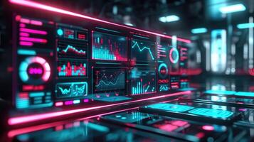 A neon dashboard with customizable elements that light up and display various data sets upon selection photo