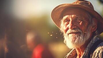 An elderly farmer inspecting his traditional farming techniques, passed down for generations, with pride and reverence. photo