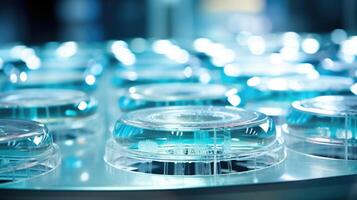 A series of petri dishes containing frozen embryos are lined up in a lab, demonstrating the precision and advancements in embryo freezing techniques that have revolutionized the field of photo