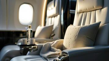 Take your flying experience to new heights with the inflight spa amenities on this private jet. Sink into a plush chair and let the tranquil aerial views set the scene for a blissful photo