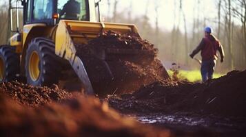 A team of workers operating heavy machinery to efficiently turn tons of animal waste into nutrientrich compost, ready to be used as fertilizer. photo