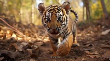 A closeup of a tiger cub playfully chasing its tail, taken by a camera , with an AI algorithm able to identify and classify the animals behavior and age based on its movements. photo