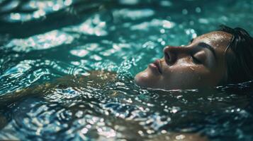 A person lets go of all physical and mental stresses as they surrender to the pools gentle currents, allowing for a deeper connection to their inner self. photo