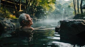An elderly man peacefully soaking in a hot spring, relieved from joint pain and tension. photo