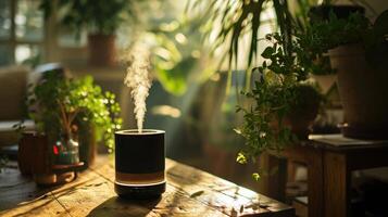 A diffuser emitting the refreshing scent of eucalyptus and lemon, creating a rejuvenating and invigorating atmosphere for meditation. photo