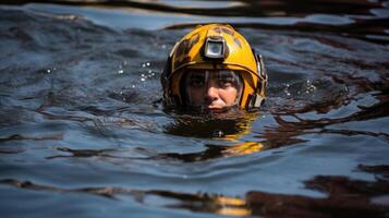 The calm, serene face of a rescue worker is mirrored in the tranquil waters as they carefully navigate through submerged debris to reach those in need of help. photo