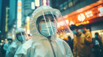 In a futuristic city, citizens undergo rigorous health screenings and sanitation procedures before entering public spaces, all part of the governments largescale biosecurity measures to photo