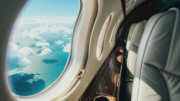 Experience a flight like no other as you are surrounded by breathtaking art pieces displayed against the backdrop of clear blue skies peeking through the private jets window. The perfect photo
