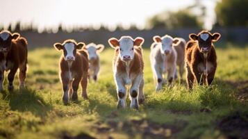 A row of healthy and robust calves, each carried to term by a surrogate mother cow, demonstrating the efficient and effective nature of embryo implantation for expanding livestock herds. photo