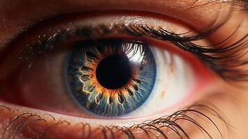 A macro photograph of a human eye with dilated pupils, highlighting the negative impact of light pollution on human health. Exposure to artificial light at night can disrupt our natural photo