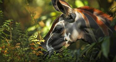 The intricate and unique markings of an okapi are highlighted in this closeup as it nibbles on foliage blending seamlessly into its natural habitat photo