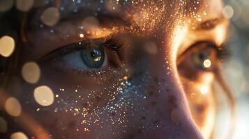 A closeup of a womans face highlighted by shimmery particles, evoking the illusion of a heat mirage. photo