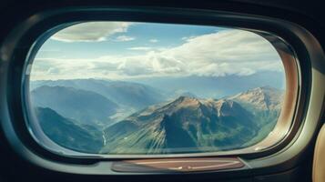 From the comfort of the private jet, the sprawling mountain range appears as if its a painting, with the jet window acting as a frame for this natural masterpiece. photo