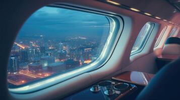 Gaze out the private jet window and take in the breathtaking panorama of buildings and lights while enjoying the tingedge entertainment system, providing the ultimate inflight experience. photo