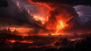 A chaotic scene of natures fury unfolded as a volcano spewed hot lava into the air, creating a cloud of darkness that engulfed the landscape. photo
