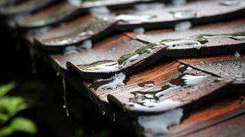 Delicate closeup of rainwater trickling down a shingled rooftop, evoking a sense of tranquility amidst the chaos. photo
