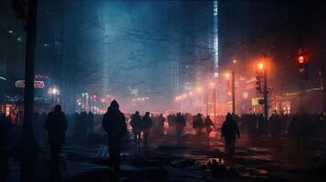 The smoky haze of a busy intersection, where the city lights and blurred figures create a captivating and chaotic scene. photo