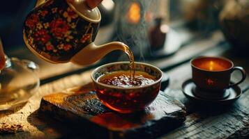 A person gracefully pouring tea into a cup, with intense focus and intention. photo