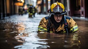 As they tread water in the floodravaged streets, a rescue workers reflection gazes back at them, a reminder of the tireless effort and bravery they demonstrate in times of disaster. photo