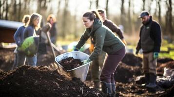 A group of eager volunteers shoveling and mixing various types of farm waste in a designated composting site, working towards the common goal of producing a large quantity of natural photo