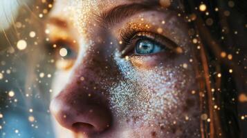 A womans delicate skin adorned with subtle touches of stardust, enhancing her natural beauty and adding a touch of celestial magic to the portrait. photo