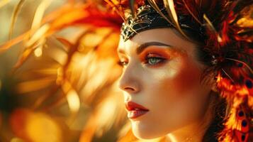 A woman with a bold feathered headpiece, framing her face and adding a touch of wild exoticism, with her makeup featuring a blend of warm oranges and yellows to capture the fiery tones of photo