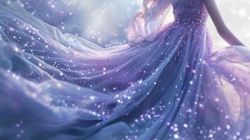 A fairy tale princess wearing a flowing gown in shades of lavender and periwinkle, her porcelain skin aglow with shimmering sparks in the same hues. photo