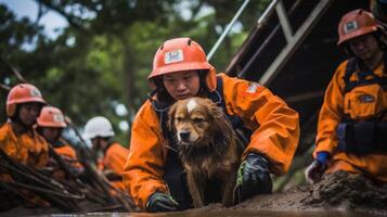 A wildlife rescue team working tirelessly to evacuate and provide shelter for abandoned and stray animals caught in the path of destructive floodwaters. photo