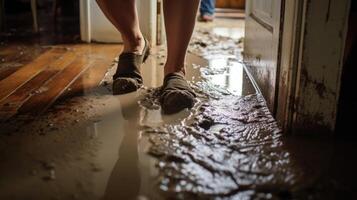 As the floodwaters recede, a closeup shot reveals a trail of muddy footprints in a home, testifying to the resilience and determination of the residents who refused to abandon their home. photo