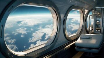 A closeup of a futuristic space hotel, complete with large windows offering breathtaking views of the Earth and stars, representing the luxurious experience that space tourism could photo