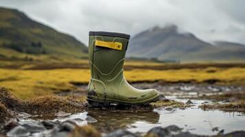 Underneath the gloomy skies, a solitary rain boot braves the mire, a symbol of determination and grit. photo
