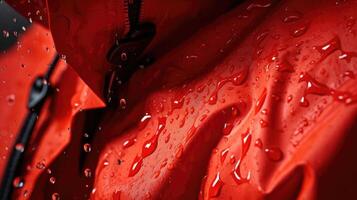 A soaking wet jacket, showcasing the beauty of raindrops sliding down its surface in a captivating display. photo