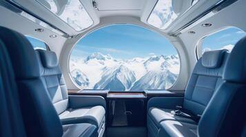 Indulge in the ultimate audio experience on board this private jet as you take in the aweinspiring sight of snowcapped peaks through the window, creating the perfect atmosphere for photo