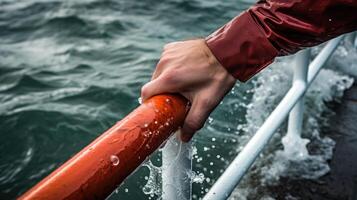 Braving the Elements Against a backdrop of endless water, a hand grips onto a railing for stability and determination. photo