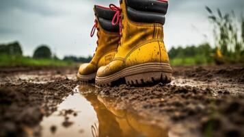 Against the backdrop of a stormy day, a solitary rain boot fights to break free from the grip of the thick, wet mud. photo