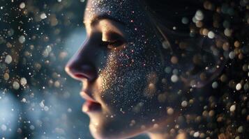 A stunning shot of a womans profile, with stardust particles cascading down her cheekbones, adding a touch of magic to her elegant features. photo