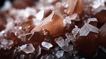 A highly magnified image of sugar crystals highlights the role of this ingredient in determining the texture and sweetness of chocolate. photo