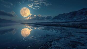 The moons reflection dances across a nearby body of water, creating a mesmerizing scene. photo