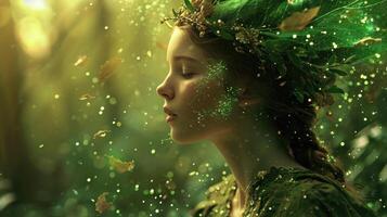 Standing in a lush forest, a princess with a wreath of leaves in her hair, enveloped in a whirlwind of glittering green sparks. photo