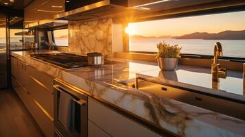 Sleek marble countertops and golden fixtures adorn the cabins galley kitchen, while the warm golden light from the sunset casts a soft glow throughout the space. photo